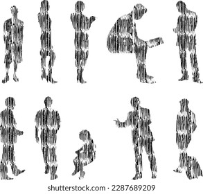 Vector illustration, Outline silhouettes of people, Contour drawing, people silhouette, Icon Set Isolated , Silhouette of sitting people, Architectural set	