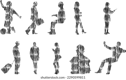 Vector illustration, Outline silhouettes of people, Contour drawing, people silhouette, Icon Set Isolated , Silhouette of sitting people, Architectural set	
