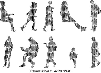 Vector illustration, Outline silhouettes of people, Contour drawing, people silhouette, Icon Set Isolated , Silhouette of sitting people, Architectural set	
