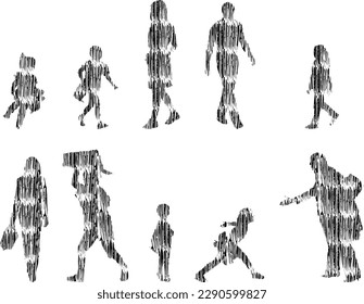 Vector illustration, Outline silhouettes of people, Contour drawing, people silhouette, Icon Set Isolated , Silhouette of sitting people, Architectural set	
