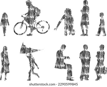 Vector illustration, Outline silhouettes of people, Contour drawing, people silhouette, Icon Set Isolated , Silhouette of sitting people, Architectural set	
