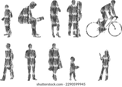 Vector illustration, Outline silhouettes of people, Contour drawing, people silhouette, Icon Set Isolated , Silhouette of sitting people, Architectural set	
