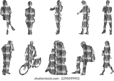 Vector illustration, Outline silhouettes of people, Contour drawing, people silhouette, Icon Set Isolated , Silhouette of sitting people, Architectural set	
