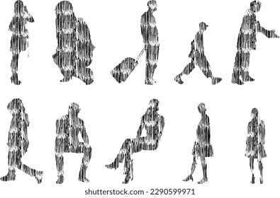 Vector illustration, Outline silhouettes of people, Contour drawing, people silhouette, Icon Set Isolated , Silhouette of sitting people, Architectural set	
