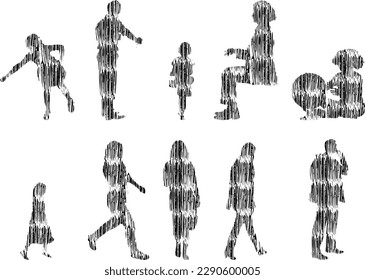 Vector illustration, Outline silhouettes of people, Contour drawing, people silhouette, Icon Set Isolated , Silhouette of sitting people, Architectural set	
