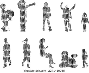 Vector illustration, Outline silhouettes of people, Contour drawing, people silhouette, Icon Set Isolated , Silhouette of sitting people, Architectural set	
