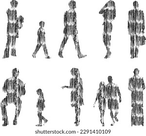 Vector illustration, Outline silhouettes of people, Contour drawing, people silhouette, Icon Set Isolated , Silhouette of sitting people, Architectural set	
