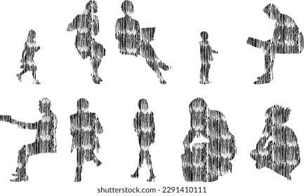 Vector illustration, Outline silhouettes of people, Contour drawing, people silhouette, Icon Set Isolated , Silhouette of sitting people, Architectural set	
