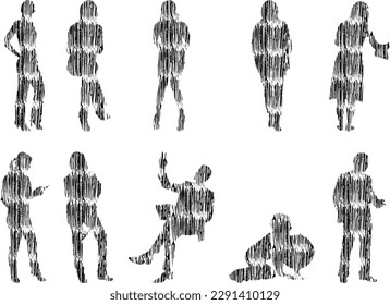 Vector illustration, Outline silhouettes of people, Contour drawing, people silhouette, Icon Set Isolated , Silhouette of sitting people, Architectural set	

