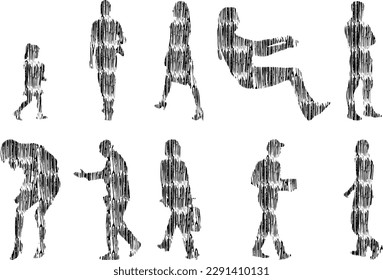 Vector illustration, Outline silhouettes of people, Contour drawing, people silhouette, Icon Set Isolated , Silhouette of sitting people, Architectural set	
