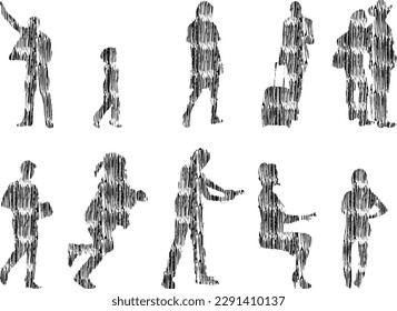 Vector illustration, Outline silhouettes of people, Contour drawing, people silhouette, Icon Set Isolated , Silhouette of sitting people, Architectural set	
