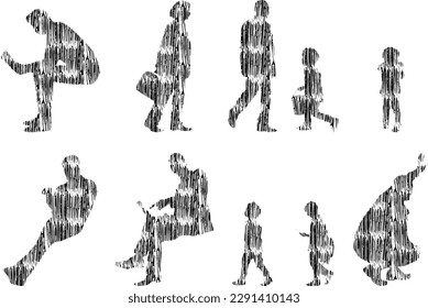 Vector illustration, Outline silhouettes of people, Contour drawing, people silhouette, Icon Set Isolated , Silhouette of sitting people, Architectural set	
