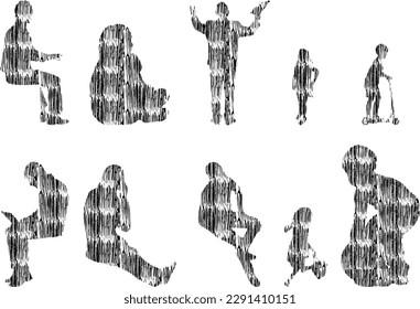 Ilustración vectorial, Siluetas de contorno de personas, Dibujo de contorno, silueta de personas, Conjunto de íconos aislados, Silueta de personas sentadas, Conjunto arquitectónico	
