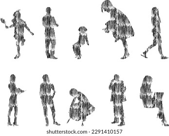Ilustración vectorial, Siluetas de contorno de personas, Dibujo de contorno, silueta de personas, Conjunto de íconos aislados, Silueta de personas sentadas, Conjunto arquitectónico	
