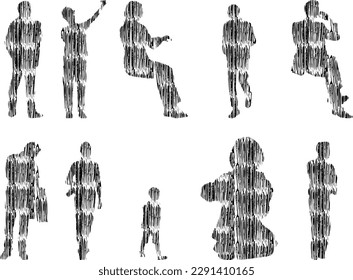 Vector illustration, Outline silhouettes of people, Contour drawing, people silhouette, Icon Set Isolated , Silhouette of sitting people, Architectural set	
