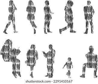 Vector illustration, Outline silhouettes of people, Contour drawing, people silhouette, Icon Set Isolated , Silhouette of sitting people, Architectural set	
