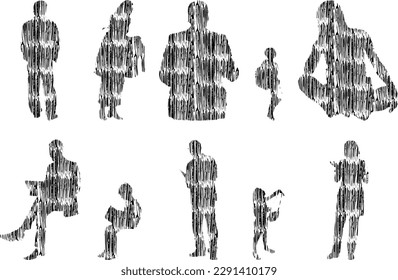 Vector illustration, Outline silhouettes of people, Contour drawing, people silhouette, Icon Set Isolated , Silhouette of sitting people, Architectural set	
