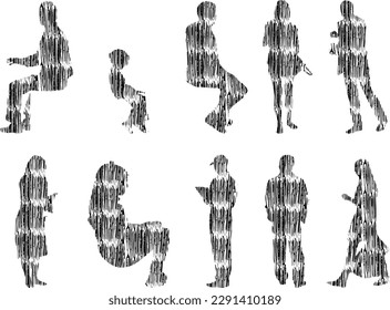 Vector illustration, Outline silhouettes of people, Contour drawing, people silhouette, Icon Set Isolated , Silhouette of sitting people, Architectural set	
