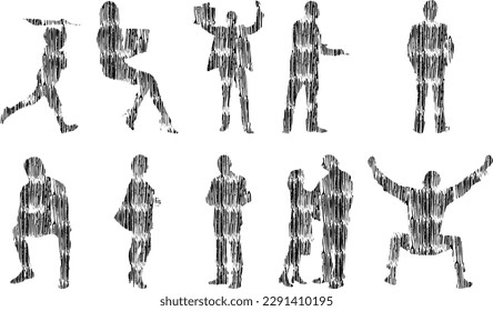Ilustración vectorial, Siluetas de contorno de personas, Dibujo de contorno, silueta de personas, Conjunto de íconos aislados, Silueta de personas sentadas, Conjunto arquitectónico	
