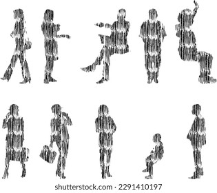 Vector illustration, Outline silhouettes of people, Contour drawing, people silhouette, Icon Set Isolated , Silhouette of sitting people, Architectural set	
