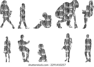 Vector illustration, Outline silhouettes of people, Contour drawing, people silhouette, Icon Set Isolated , Silhouette of sitting people, Architectural set	

