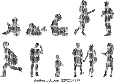 Vector illustration, Outline silhouettes of people, Contour drawing, people silhouette, Icon Set Isolated , Silhouette of sitting people, Architectural set	
