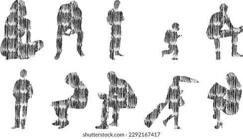 Vector illustration, Outline silhouettes of people, Contour drawing, people silhouette, Icon Set Isolated , Silhouette of sitting people, Architectural set	
