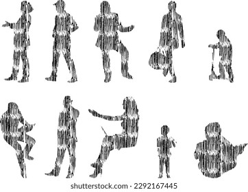 Vector illustration, Outline silhouettes of people, Contour drawing, people silhouette, Icon Set Isolated , Silhouette of sitting people, Architectural set	
