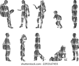 Vector illustration, Outline silhouettes of people, Contour drawing, people silhouette, Icon Set Isolated , Silhouette of sitting people, Architectural set	
