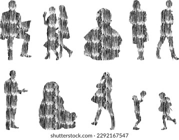 Vector illustration, Outline silhouettes of people, Contour drawing, people silhouette, Icon Set Isolated , Silhouette of sitting people, Architectural set	
