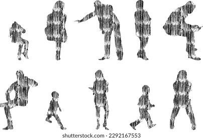 Vector illustration, Outline silhouettes of people, Contour drawing, people silhouette, Icon Set Isolated , Silhouette of sitting people, Architectural set	
