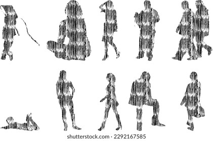 Vector illustration, Outline silhouettes of people, Contour drawing, people silhouette, Icon Set Isolated , Silhouette of sitting people, Architectural set	

