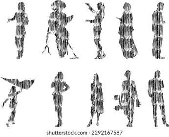 Vector illustration, Outline silhouettes of people, Contour drawing, people silhouette, Icon Set Isolated , Silhouette of sitting people, Architectural set	
