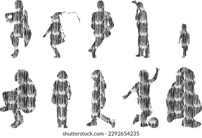 Vector illustration, Outline silhouettes of people, Contour drawing, people silhouette, Icon Set Isolated , Silhouette of sitting people, Architectural set	
