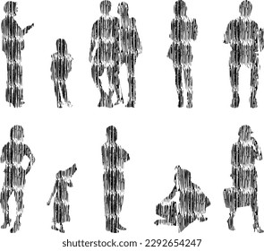 Vector illustration, Outline silhouettes of people, Contour drawing, people silhouette, Icon Set Isolated , Silhouette of sitting people, Architectural set	
