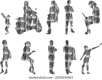 Vector illustration, Outline silhouettes of people, Contour drawing, people silhouette, Icon Set Isolated , Silhouette of sitting people, Architectural set	
