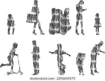 Vector illustration, Outline silhouettes of people, Contour drawing, people silhouette, Icon Set Isolated , Silhouette of sitting people, Architectural set	
