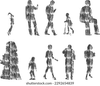 Vector illustration, Outline silhouettes of people, Contour drawing, people silhouette, Icon Set Isolated , Silhouette of sitting people, Architectural set	
