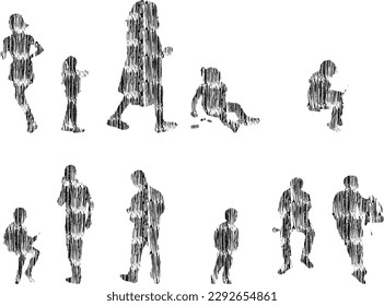 Vector illustration, Outline silhouettes of people, Contour drawing, people silhouette, Icon Set Isolated , Silhouette of sitting people, Architectural set	
