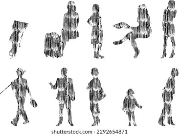 Vector illustration, Outline silhouettes of people, Contour drawing, people silhouette, Icon Set Isolated , Silhouette of sitting people, Architectural set	
