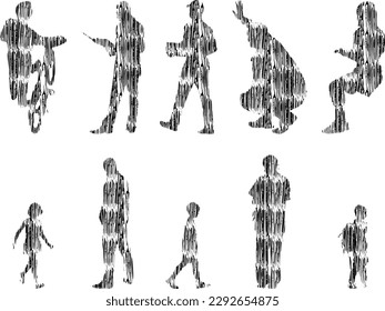 Vektorgrafik, Umrisssilhouetten von Menschen, Kontrastzeichnung, Silhouette von Menschen, Symbolsatz isoliert, Silhouette von sitzenden Menschen, Architekturset	
