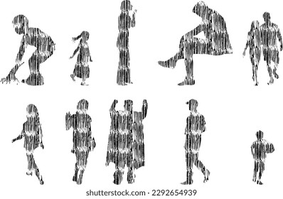 Vector illustration, Outline silhouettes of people, Contour drawing, people silhouette, Icon Set Isolated , Silhouette of sitting people, Architectural set	
