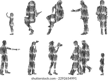 Vector illustration, Outline silhouettes of people, Contour drawing, people silhouette, Icon Set Isolated , Silhouette of sitting people, Architectural set	
