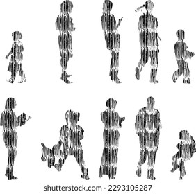 Vector illustration, Outline silhouettes of people, Contour drawing, people silhouette, Icon Set Isolated , Silhouette of sitting people, Architectural set	
