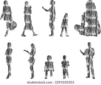 Vector illustration, Outline silhouettes of people, Contour drawing, people silhouette, Icon Set Isolated , Silhouette of sitting people, Architectural set	

