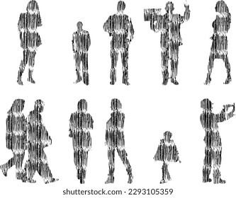 Vector illustration, Outline silhouettes of people, Contour drawing, people silhouette, Icon Set Isolated , Silhouette of sitting people, Architectural set	
