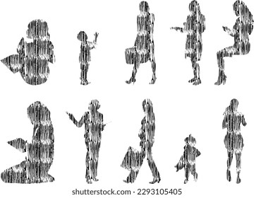 Vector illustration, Outline silhouettes of people, Contour drawing, people silhouette, Icon Set Isolated , Silhouette of sitting people, Architectural set	
