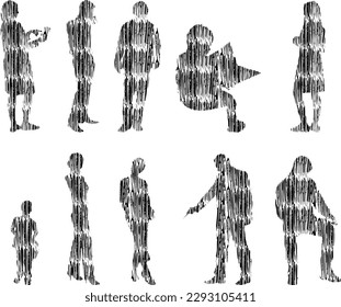 Vector illustration, Outline silhouettes of people, Contour drawing, people silhouette, Icon Set Isolated , Silhouette of sitting people, Architectural set	
