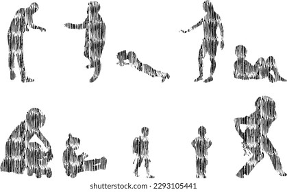Vector illustration, Outline silhouettes of people, Contour drawing, people silhouette, Icon Set Isolated , Silhouette of sitting people, Architectural set	
