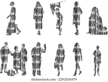 Vector illustration, Outline silhouettes of people, Contour drawing, people silhouette, Icon Set Isolated , Silhouette of sitting people, Architectural set	
